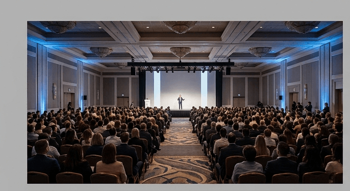 Speaker addressing an audience at a business conference