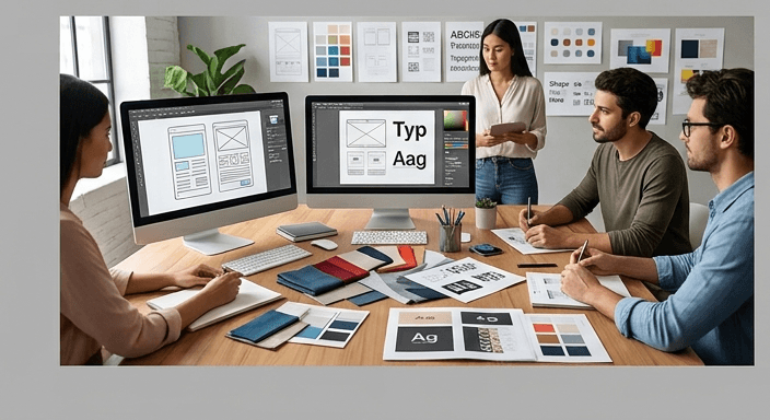 Design team working on brand visuals and layouts