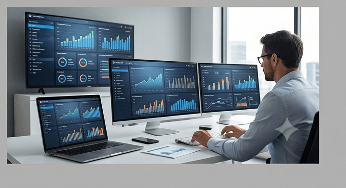 Analyst reviewing performance dashboards across multiple screens